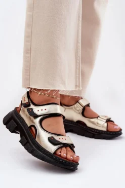 Skórzane Sandały Damskie Z Rzepami Artiker 56C0469 Złote