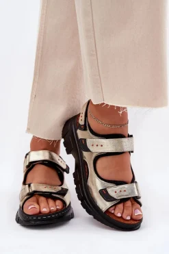 Skórzane Sandały Damskie Z Rzepami Artiker 56C0469 Złote