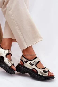 Skórzane Sandały Damskie Z Rzepami Artiker 56C0469 Złote