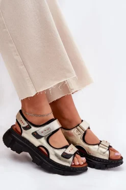 Skórzane Sandały Damskie Z Rzepami Artiker 56C0469 Złote