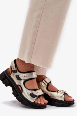 Skórzane Sandały Damskie Z Rzepami Artiker 56C0469 Złote