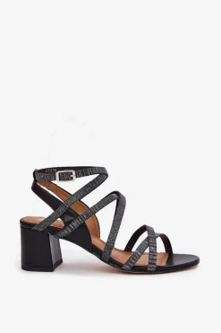 Skórzane Sandały Damskie Z Paseczkami Na Słupku Maciejka 06969-01 Czarne