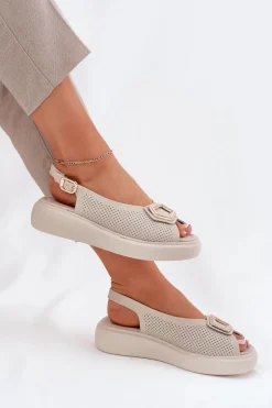 Skórzane Sandały Damskie Z Ozdobą S.Barski LR51-786 Beżowe