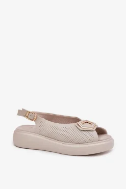 Skórzane Sandały Damskie Z Ozdobą S.Barski LR51-786 Beżowe