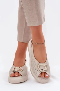 Skórzane Sandały Damskie Z Ozdobą S.Barski LR51-786 Beżowe