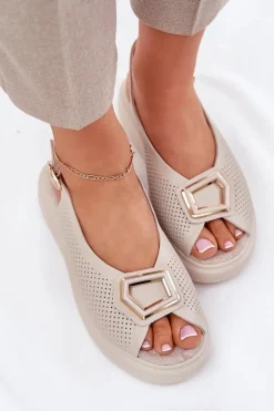 Skórzane Sandały Damskie Z Ozdobą S.Barski LR51-786 Beżowe