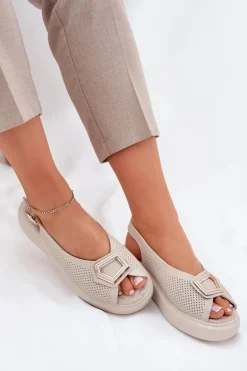 Skórzane Sandały Damskie Z Ozdobą S.Barski LR51-786 Beżowe