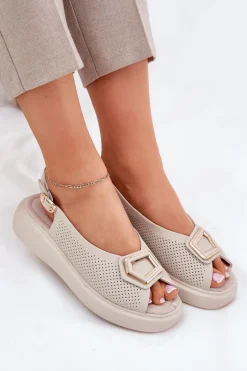 Skórzane Sandały Damskie Z Ozdobą S.Barski LR51-786 Beżowe