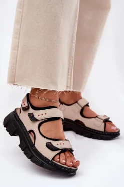 Skórzane Sandały Damskie Z Rzepami Artiker 56C0471 Beżowe