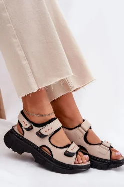 Skórzane Sandały Damskie Z Rzepami Artiker 56C0471 Beżowe