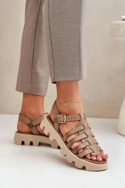 Skórzane Sandały Damskie Zazoo 3695 Beżowe