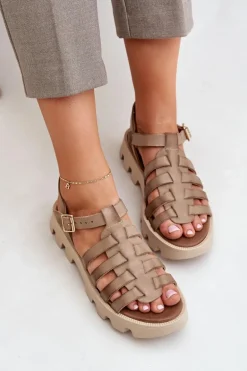 Skórzane Sandały Damskie Zazoo 3695 Beżowe