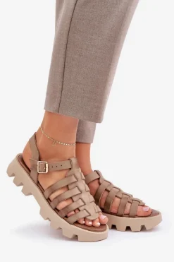 Skórzane Sandały Damskie Zazoo 3695 Beżowe