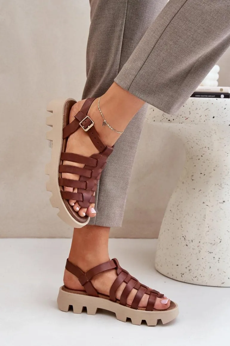 Skórzane Sandały Damskie Zazoo 3695 Brązowe