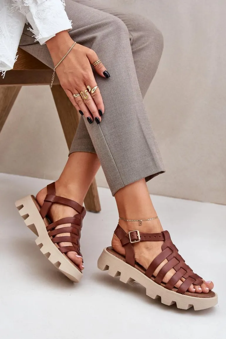 Skórzane Sandały Damskie Zazoo 3695 Brązowe