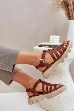 Skórzane Sandały Damskie Zazoo 3695 Brązowe