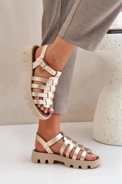 Skórzane Sandały Damskie Zazoo 3695 Złote