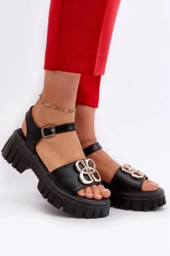 Skórzane Sandały Damskie Ze Złotą Ozdobą Czarne Vinceza 7910