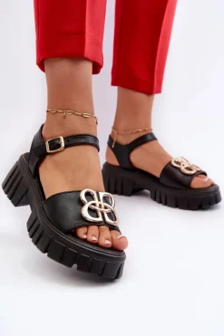 Skórzane Sandały Damskie Ze Złotą Ozdobą Czarne Vinceza 7910