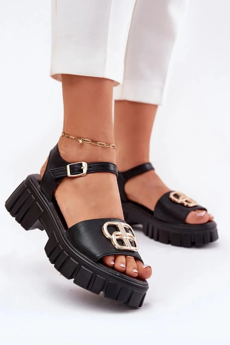 Skórzane Sandały Damskie Ze Złotym Detalem Vinceza 79541 Czarne