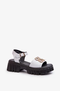 Skórzane Sandały Damskie Ze Złotą Ozdobą Białe Vinceza 7910