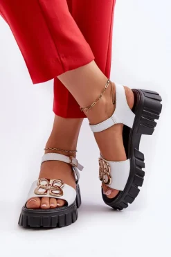 Skórzane Sandały Damskie Ze Złotą Ozdobą Białe Vinceza 7910