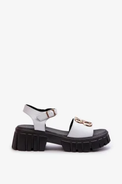 Skórzane Sandały Damskie Ze Złotą Ozdobą Białe Vinceza 7910