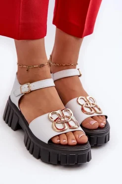 Skórzane Sandały Damskie Ze Złotą Ozdobą Białe Vinceza 7910