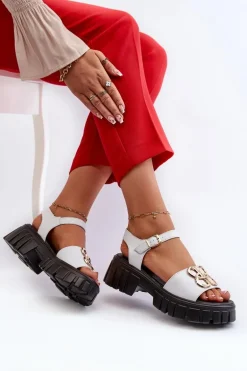 Skórzane Sandały Damskie Ze Złotą Ozdobą Białe Vinceza 7910