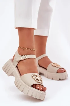 Skórzane Sandały Damskie Ze Złotym Detalem Vinceza 79541 Beżowe