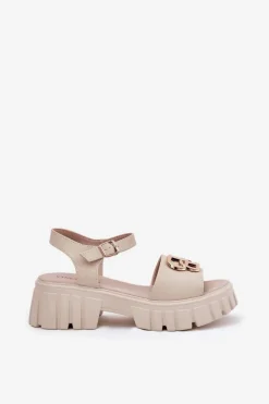 Skórzane Sandały Damskie Ze Złotym Detalem Vinceza 79541 Beżowe