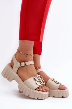 Skórzane Sandały Damskie Ze Złotą Ozdobą Beżowe Vinceza 7910