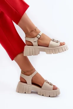 Skórzane Sandały Damskie Ze Złotą Ozdobą Beżowe Vinceza 7910