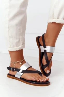 Skórzane Sandały Japonki Big Star HH274712 Czarno-Srebrne