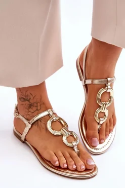 Skórzane Sandały Japonki Na Płaskim Obcasie Złote Keep Going