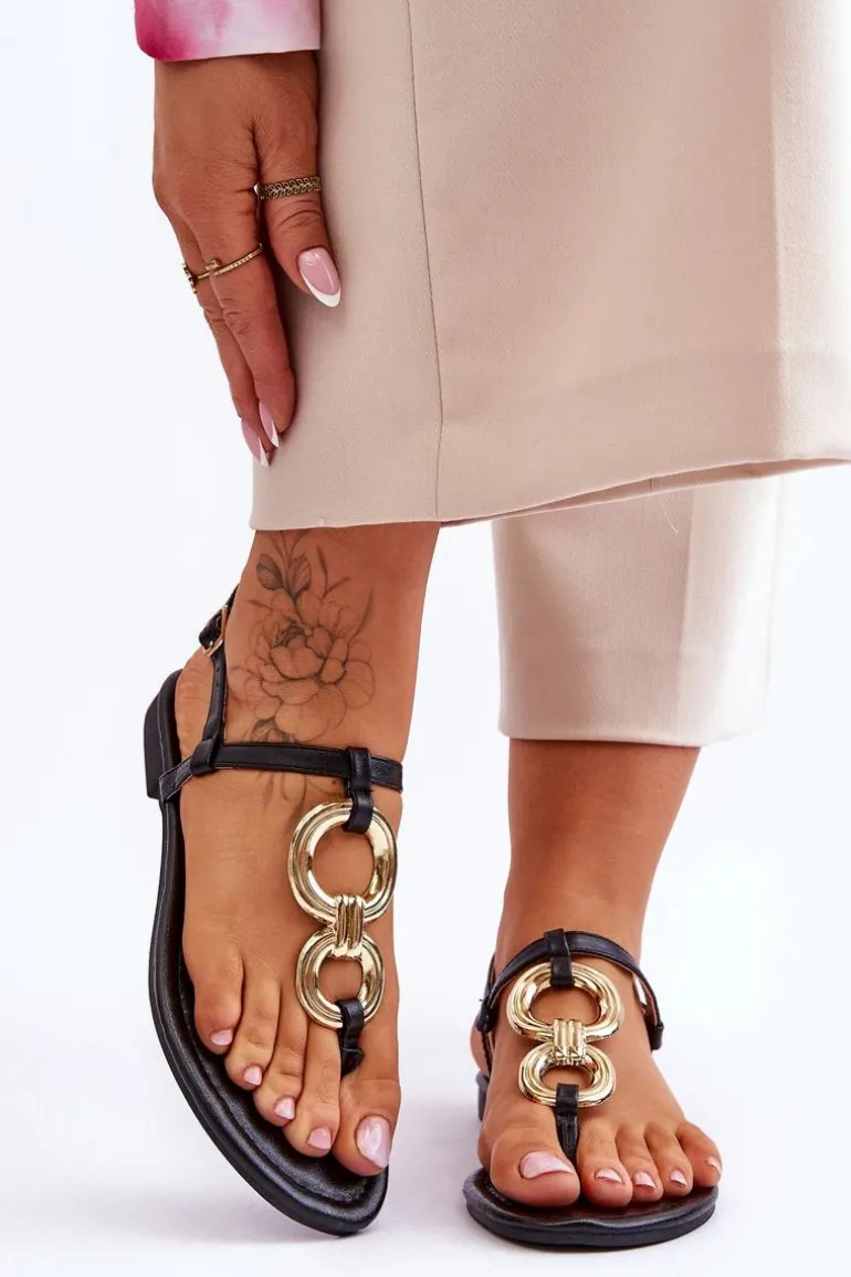 Skórzane Sandały Japonki Na Płaskim Obcasie Czarne Keep Going