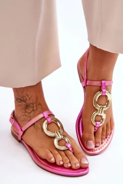 Skórzane Sandały Japonki Na Płaskim Obcasie Różowe Keep Going