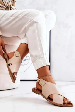 Skórzane Sandały Lewski 3019 Beżowe