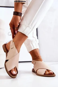 Skórzane Sandały Lewski 3019 Beżowe