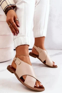 Skórzane Sandały Lewski 3019 Beżowe