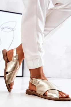 Skórzane Sandały Lewski 3019 Złote