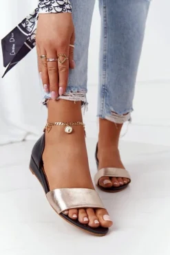 Skórzane Sandały Maciejka 1971-46 Czarno-Złote