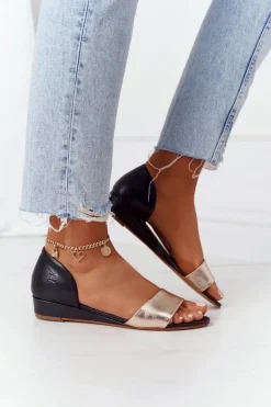 Skórzane Sandały Maciejka 1971-46 Czarno-Złote
