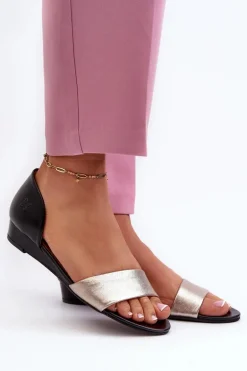 Skórzane Sandały Maciejka 1971-67 Czarno-Złote