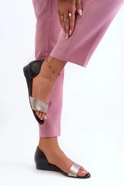 Skórzane Sandały Maciejka 1971-67 Czarno-Złote