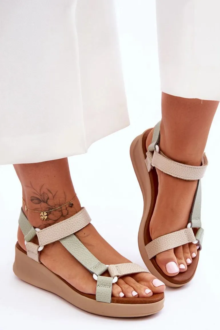 Skórzane Sandały Maciejka L5186-09 Zielono-Beżowe