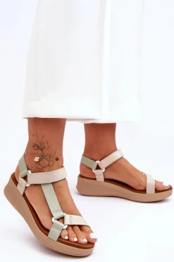 Skórzane Sandały Maciejka L5186-09 Zielono-Beżowe