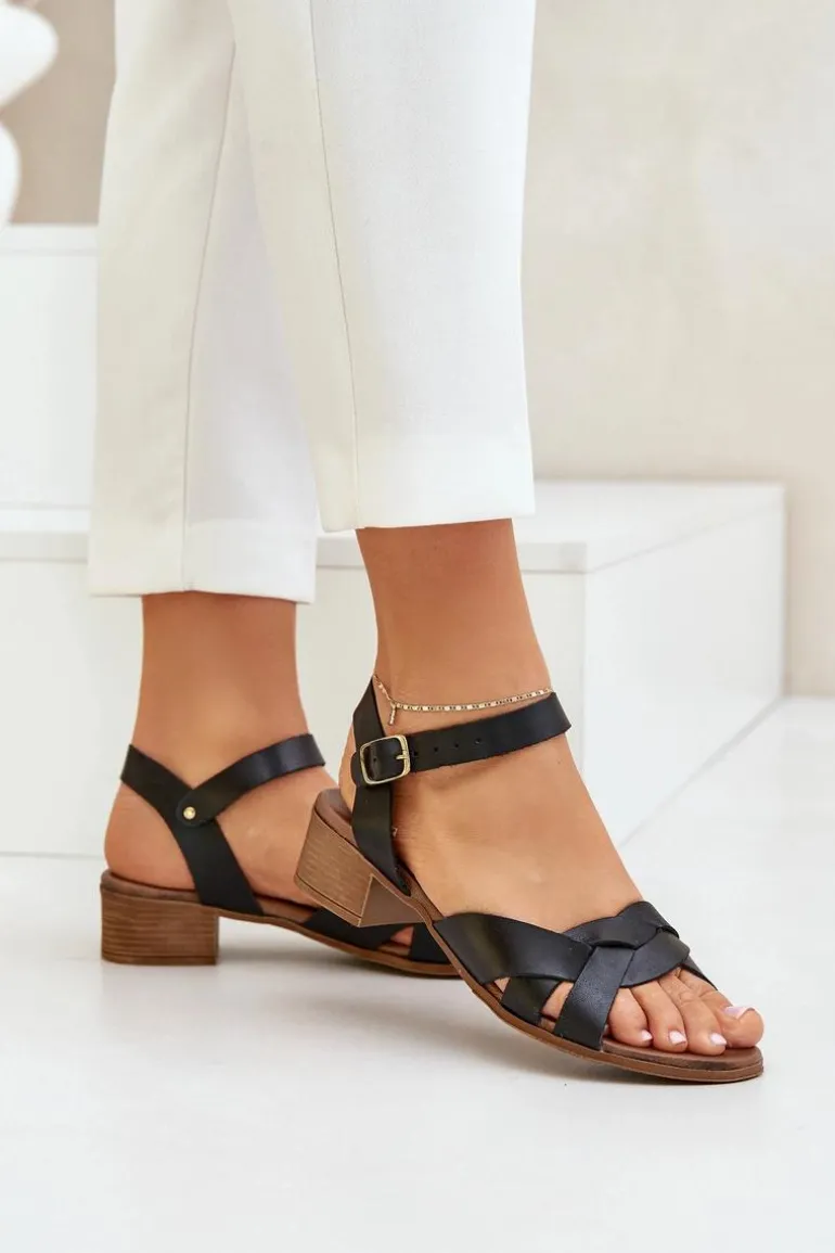 Skórzane Sandały Na Delikatnym Obcasie Zazoo 40372 Czarne