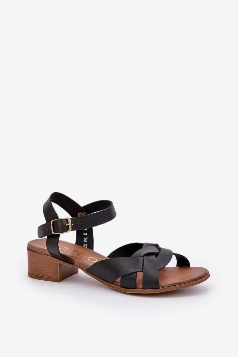 Skórzane Sandały Na Delikatnym Obcasie Zazoo 40372 Czarne