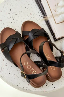 Skórzane Sandały Na Delikatnym Obcasie Zazoo 40372 Czarne